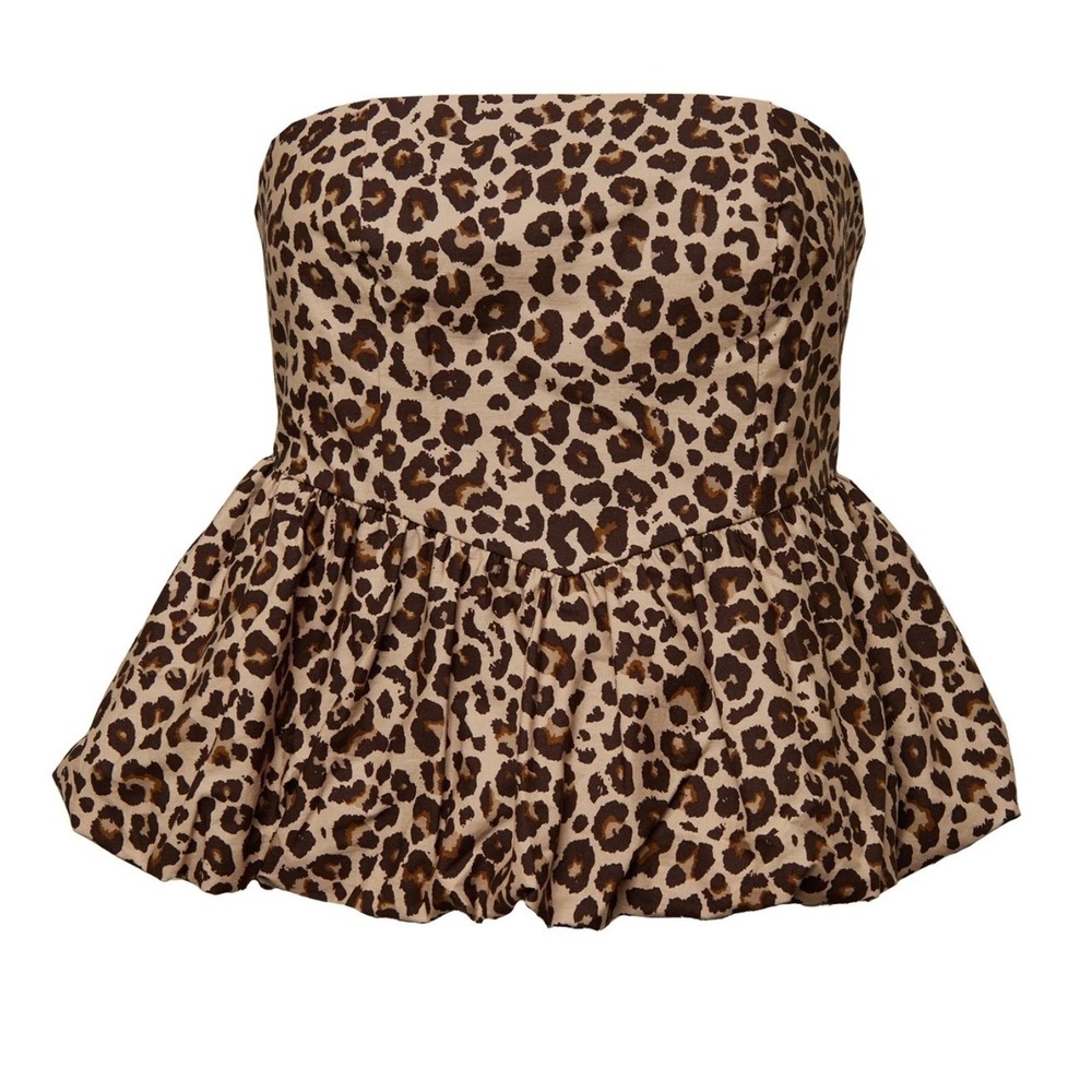 GB Leopard Print Strapless Peplum Bubble‎ Hem Top Womens Medium Brown